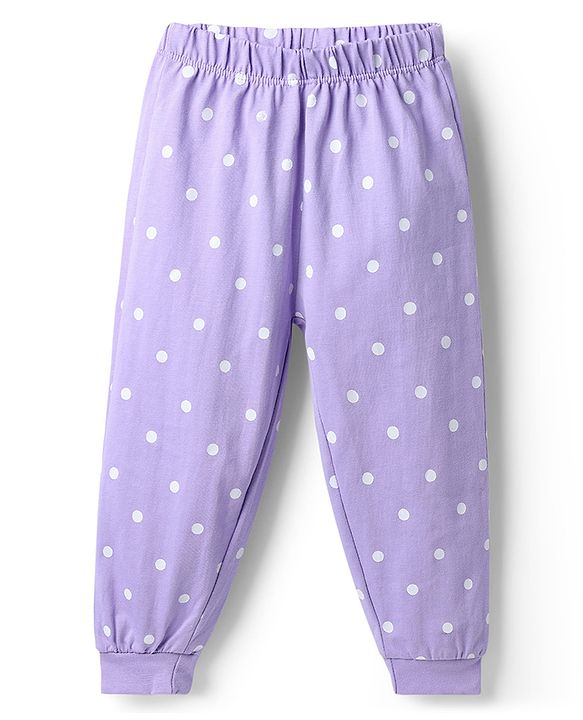 Babyhug Disney 100% Cotton Knit Full Sleeves T-Shirt & Pyjama Night Suit With Marie & Polka Dots Graphic - Lavender