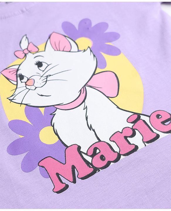 Babyhug Disney 100% Cotton Knit Full Sleeves T-Shirt & Pyjama Night Suit With Marie & Polka Dots Graphic - Lavender