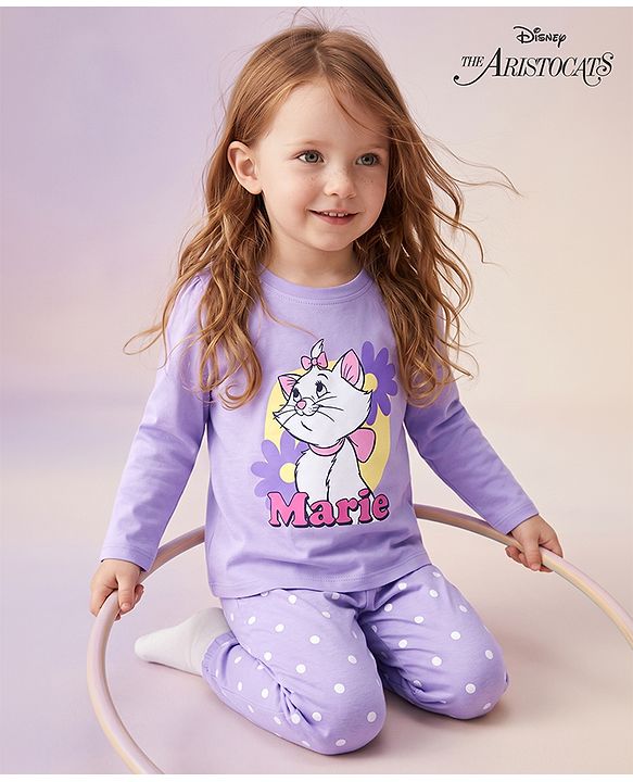 Babyhug Disney 100% Cotton Knit Full Sleeves T-Shirt & Pyjama Night Suit With Marie & Polka Dots Graphic - Lavender