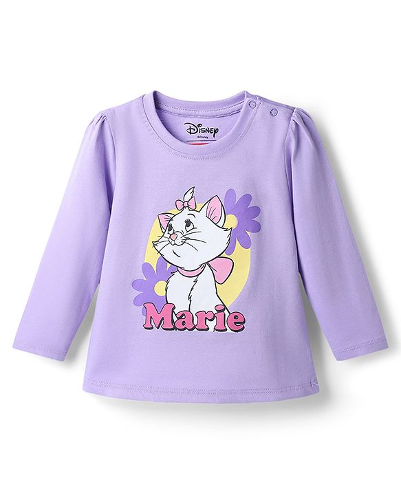 Babyhug Disney 100% Cotton Knit Full Sleeves T-Shirt & Pyjama Night Suit With Marie & Polka Dots Graphic - Lavender