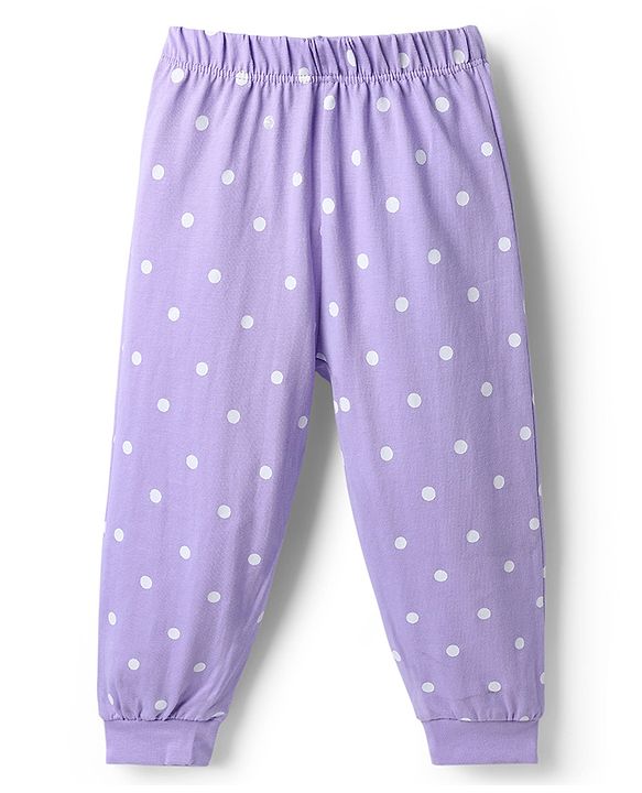 Babyhug Disney 100% Cotton Knit Full Sleeves T-Shirt & Pyjama Night Suit With Marie & Polka Dots Graphic - Lavender