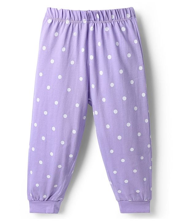 Babyhug Disney 100% Cotton Knit Full Sleeves T-Shirt & Pyjama Night Suit With Marie & Polka Dots Graphic - Lavender