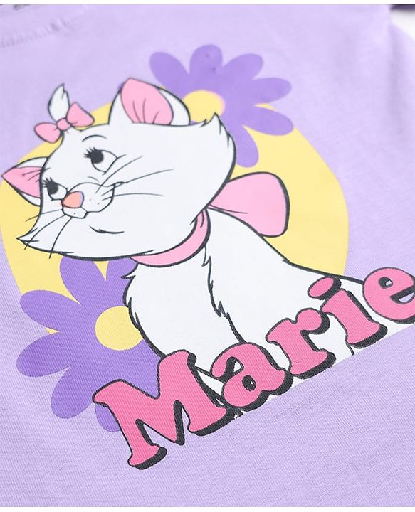 Babyhug Disney 100% Cotton Knit Full Sleeves T-Shirt & Pyjama Night Suit With Marie & Polka Dots Graphic - Lavender