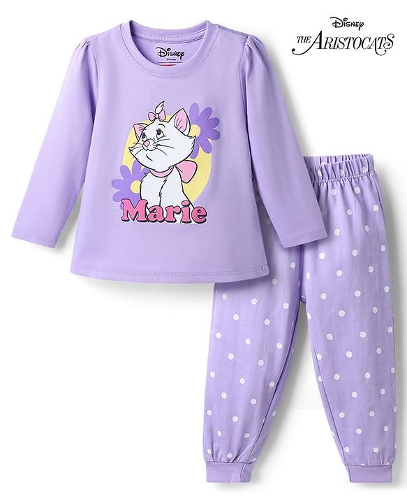Babyhug Disney 100% Cotton Knit Full Sleeves T-Shirt & Pyjama Night Suit With Marie & Polka Dots Graphic - Lavender