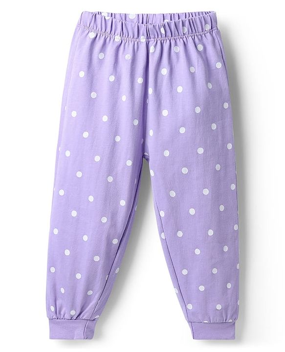 Babyhug Disney 100% Cotton Knit Full Sleeves T-Shirt & Pyjama Night Suit With Marie & Polka Dots Graphic - Lavender