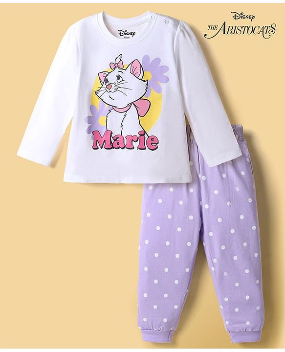 Babyhug Disney Single Jersey Knit Full Sleeves T-Shirt & Pajama Night Suit with Polka Dots & Marie Graphics - White & Lavender