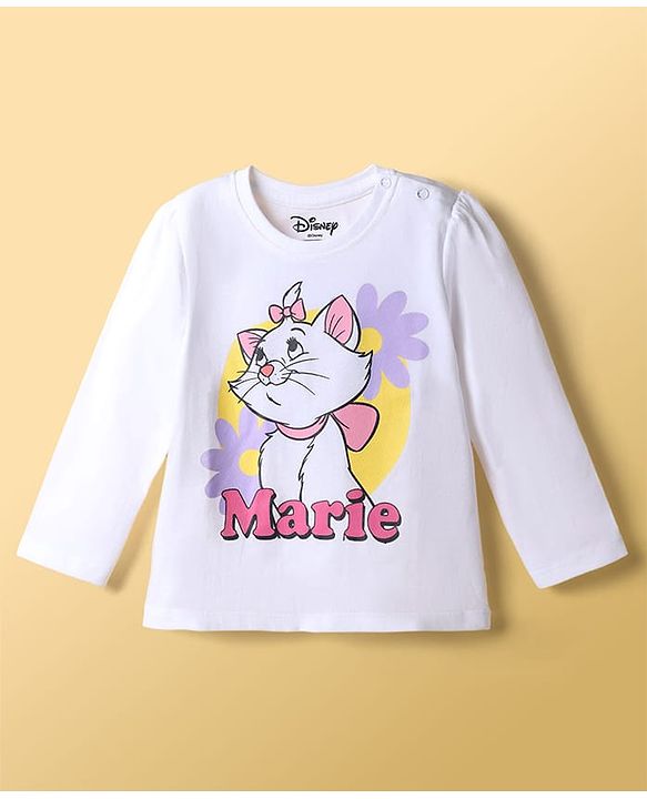 Babyhug Disney Single Jersey Knit Full Sleeves T-Shirt & Pajama Night Suit with Polka Dots & Marie Graphics - White & Lavender