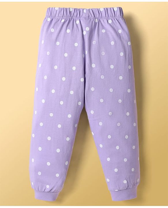 Babyhug Disney Single Jersey Knit Full Sleeves T-Shirt & Pajama Night Suit with Polka Dots & Marie Graphics - White & Lavender