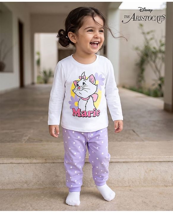 Babyhug Disney Single Jersey Knit Full Sleeves T-Shirt & Pajama Night Suit with Polka Dots & Marie Graphics - White & Lavender