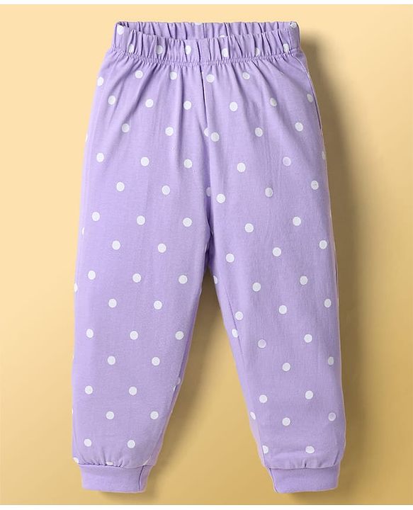 Babyhug Disney Single Jersey Knit Full Sleeves T-Shirt & Pajama Night Suit with Polka Dots & Marie Graphics - White & Lavender