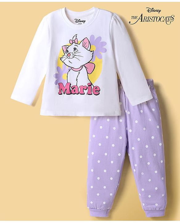 Babyhug Disney Single Jersey Knit Full Sleeves T-Shirt & Pajama Night Suit with Polka Dots & Marie Graphics - White & Lavender
