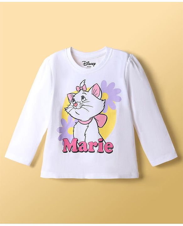 Babyhug Disney Single Jersey Knit Full Sleeves T-Shirt & Pajama Night Suit with Polka Dots & Marie Graphics - White & Lavender