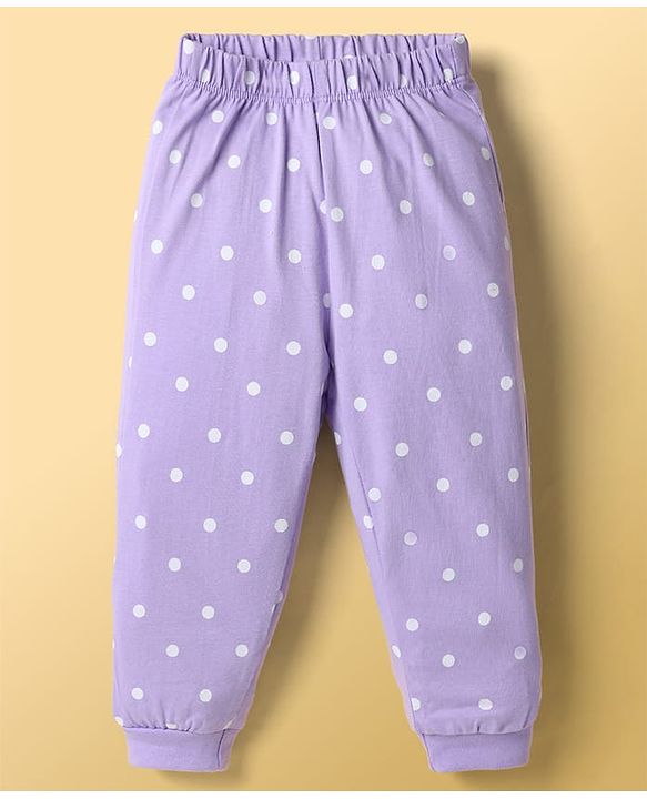 Babyhug Disney Single Jersey Knit Full Sleeves T-Shirt & Pajama Night Suit with Polka Dots & Marie Graphics - White & Lavender