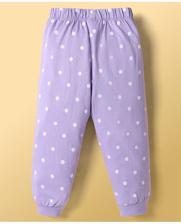 Babyhug Disney Single Jersey Knit Full Sleeves T-Shirt & Pajama Night Suit with Polka Dots & Marie Graphics - White & Lavender