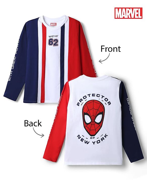 Pine Kids Marvel 100% Cotton Knit Full Sleeves T-Shirt With Spider Man Graphic - Red & Navy Blue
