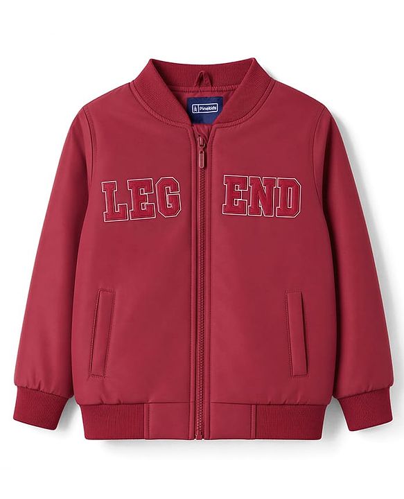 Pine Kids Woven Full Sleeves Text Embroidered Bomber Jacket - Red
