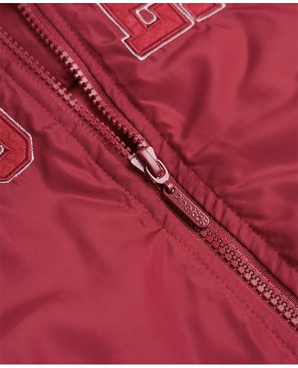 Pine Kids Woven Full Sleeves Text Embroidered Bomber Jacket - Red