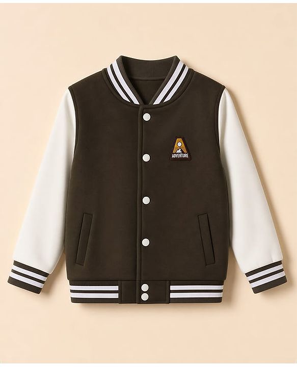 Pine Kids Knit Full Sleeves Bomber Jacket with Adventure Badge- Brown