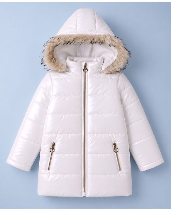 Pine Kids Woven Hooded Jacket with Full Sleeves & Fur Trim - White