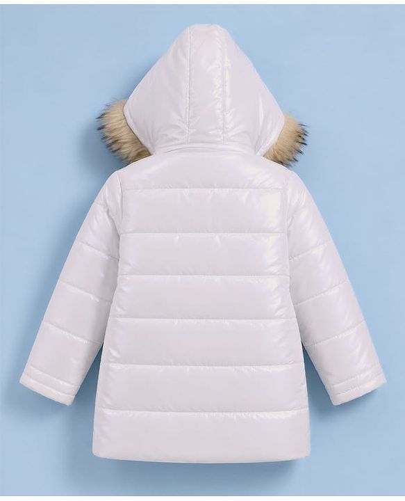 Pine Kids Woven Hooded Jacket with Full Sleeves & Fur Trim - White