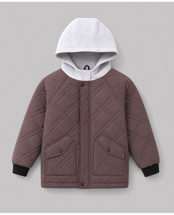 Pine Kids Woven Hooded Winter Jacket with Full Sleeves - Brown