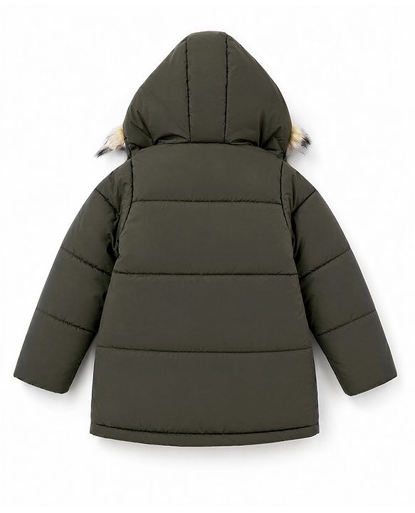 Pine Kids Woven Hooded Winter Jacket with Full Sleeves and Fur - Olive Green