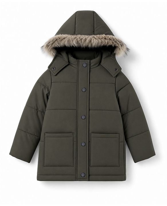 Pine Kids Woven Hooded Winter Jacket with Full Sleeves and Fur - Olive Green