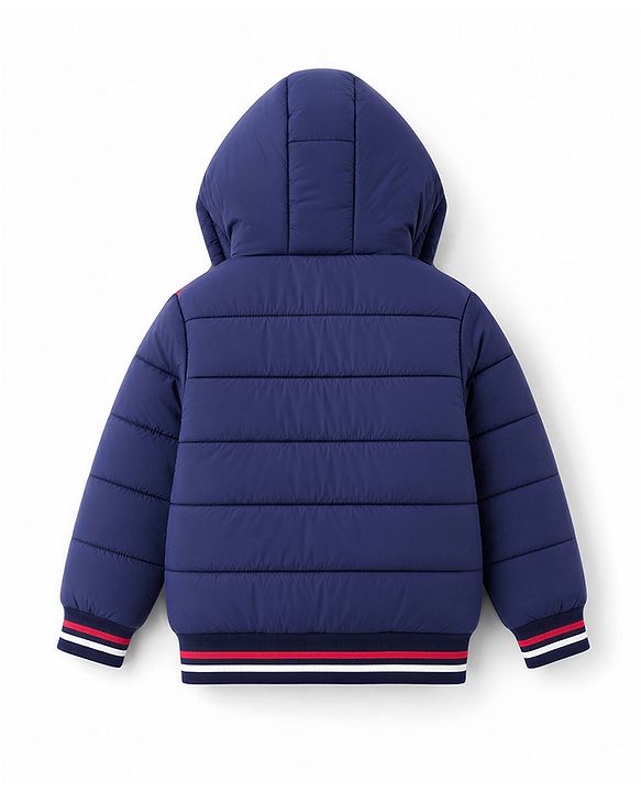 Pine Kids Woven Hooded Winter Jacket with Full Sleeves and Striped Pattern - Navy Blue