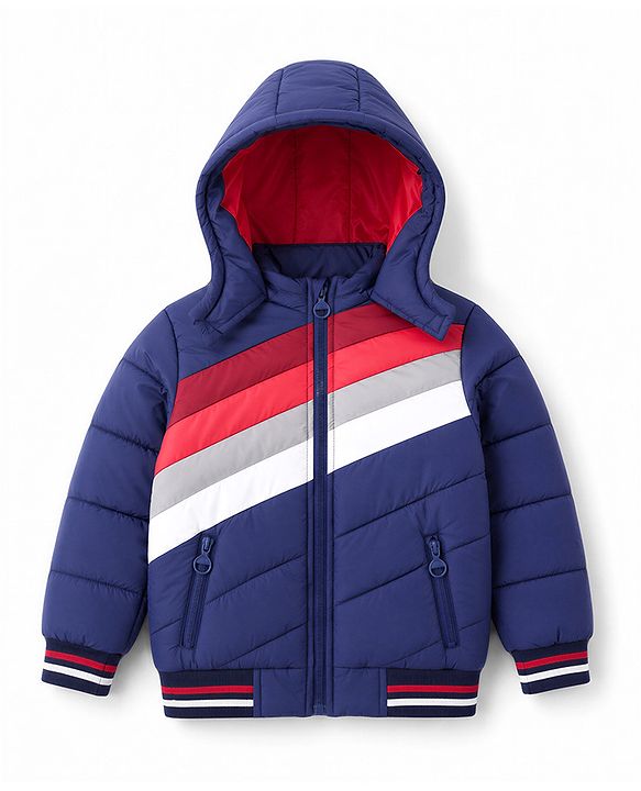 Pine Kids Woven Hooded Winter Jacket with Full Sleeves and Striped Pattern - Navy Blue