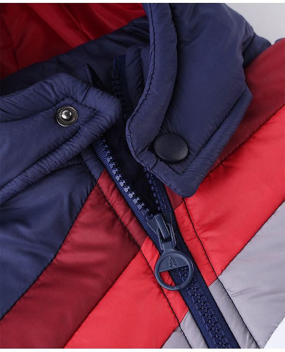 Pine Kids Woven Hooded Winter Jacket with Full Sleeves and Striped Pattern - Navy Blue