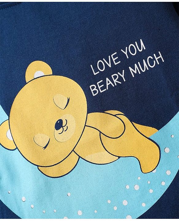 Babyhug Cotton Knit Full Sleeves Bear & Text Printed T-Shirt & Pyjama Night Suit - Navy
