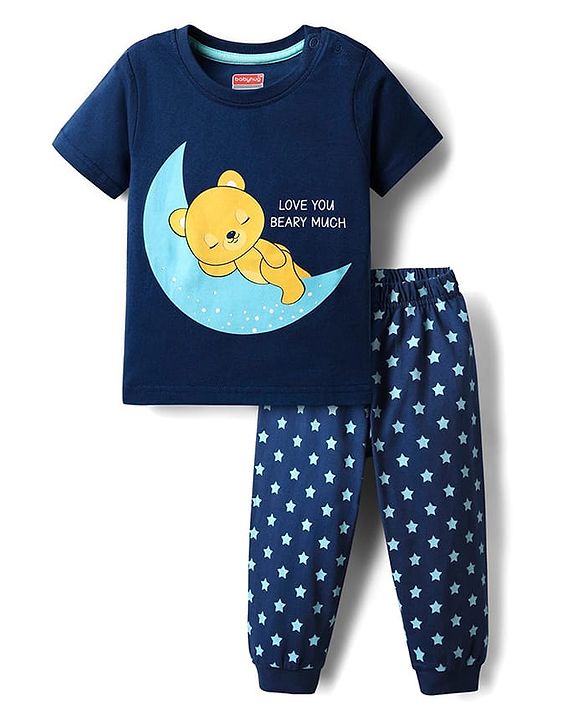 Babyhug Cotton Knit Full Sleeves Bear & Text Printed T-Shirt & Pyjama Night Suit - Navy