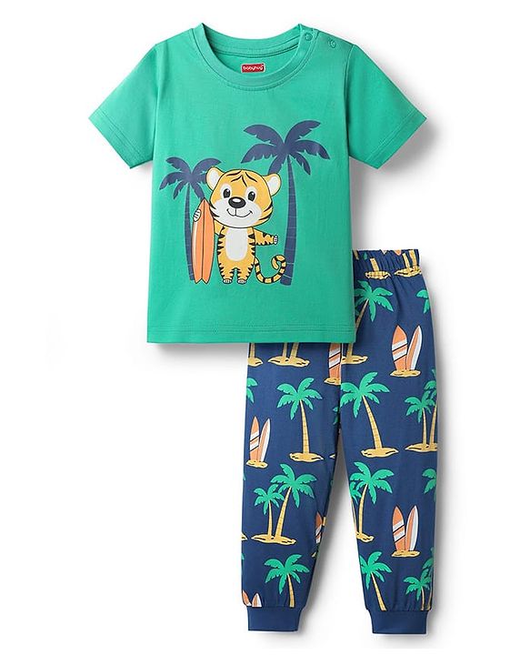 Babyhug Cotton Knit Half Sleeves Bear & Surfing Printed T-Shirt & Pyjama Night Suit - Green