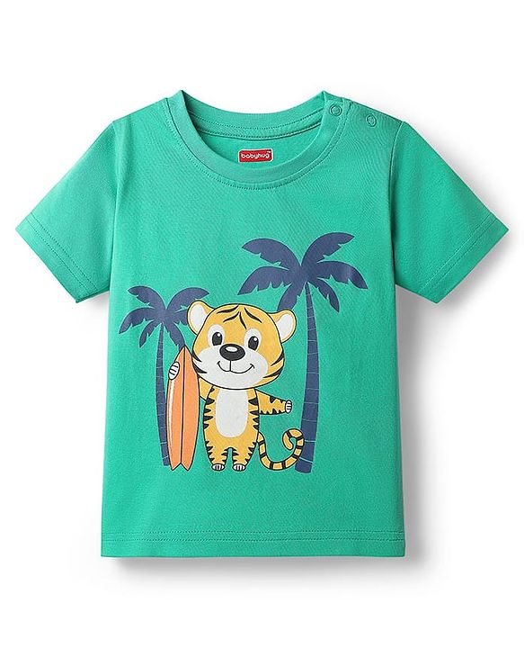 Babyhug Cotton Knit Half Sleeves Bear & Surfing Printed T-Shirt & Pyjama Night Suit - Green
