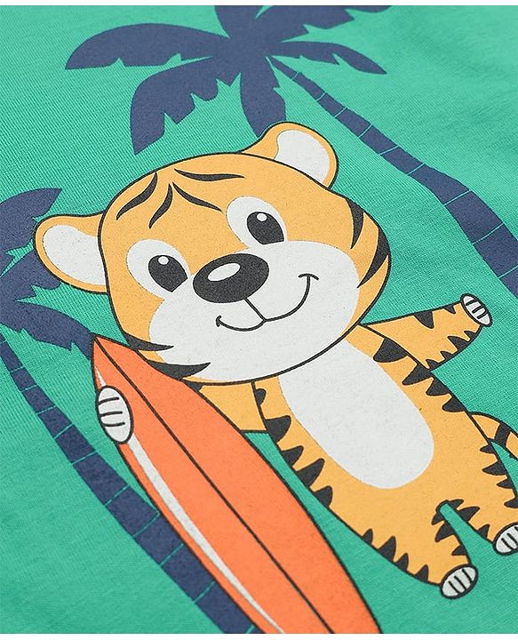 Babyhug Cotton Knit Half Sleeves Bear & Surfing Printed T-Shirt & Pyjama Night Suit - Green