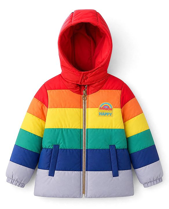 Pine Kids Woven Padded Quilted Hooded Winter Jacket with Full Sleeves and Rainbow Cut & Sew with Rainbow Makes Me Happy Patch - Red