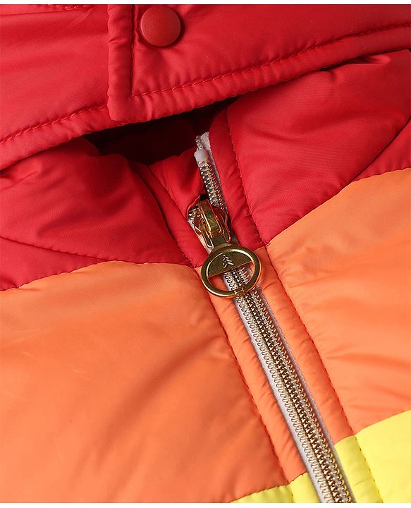 Pine Kids Woven Padded Quilted Hooded Winter Jacket with Full Sleeves and Rainbow Cut & Sew with Rainbow Makes Me Happy Patch - Red