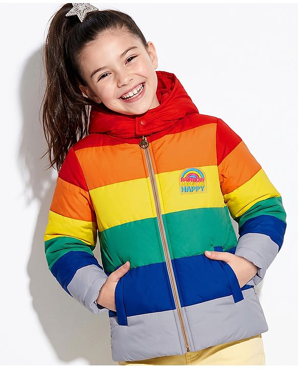 Pine Kids Woven Padded Quilted Hooded Winter Jacket with Full Sleeves and Rainbow Cut & Sew with Rainbow Makes Me Happy Patch - Red