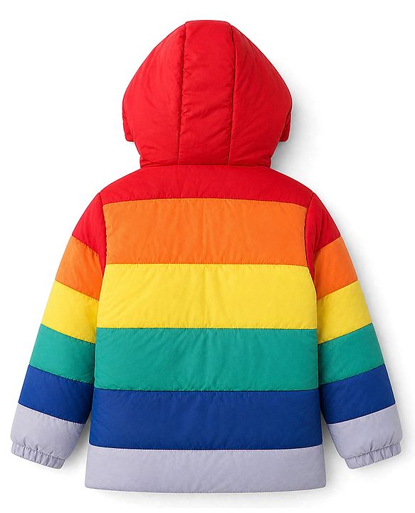 Pine Kids Woven Padded Quilted Hooded Winter Jacket with Full Sleeves and Rainbow Cut & Sew with Rainbow Makes Me Happy Patch - Red