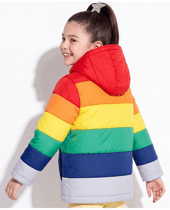 Pine Kids Woven Padded Quilted Hooded Winter Jacket with Full Sleeves and Rainbow Cut & Sew with Rainbow Makes Me Happy Patch - Red