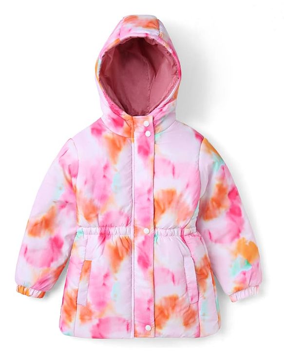 Pine Kids Woven Full Sleeves Hooded Padded Jacket with Tie & Dye Print - Pink