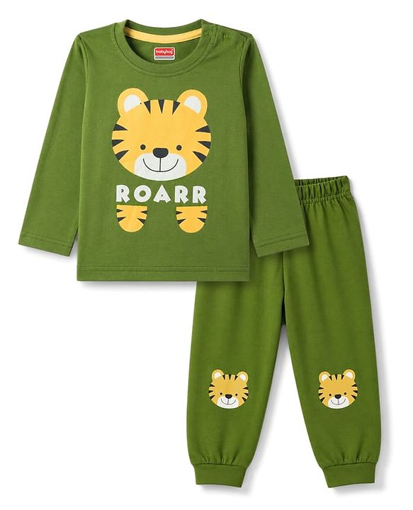 Babyhug 100% Cotton Knit Full Sleeves Tiger Printed T-Shirt & Pyjama Night Suit - Olive Green
