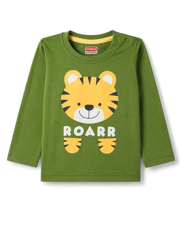 Babyhug 100% Cotton Knit Full Sleeves Tiger Printed T-Shirt & Pyjama Night Suit - Olive Green