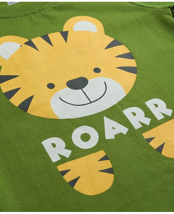Babyhug 100% Cotton Knit Full Sleeves Tiger Printed T-Shirt & Pyjama Night Suit - Olive Green