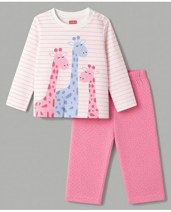 Babyhug 100% Cotton Knit Full Sleeves Striped T-Shirt & Pyjama Night Suit Giraffe Print -Pink