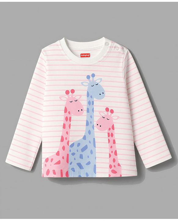 Babyhug 100% Cotton Knit Full Sleeves Striped T-Shirt & Pyjama Night Suit Giraffe Print -Pink