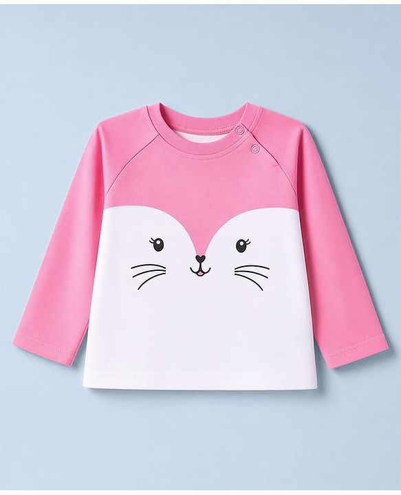 Babyhug 100% Cotton Knit Full Sleeves T-Shirt & Pyjama Night Suit with Cat & Heart Print - Pink