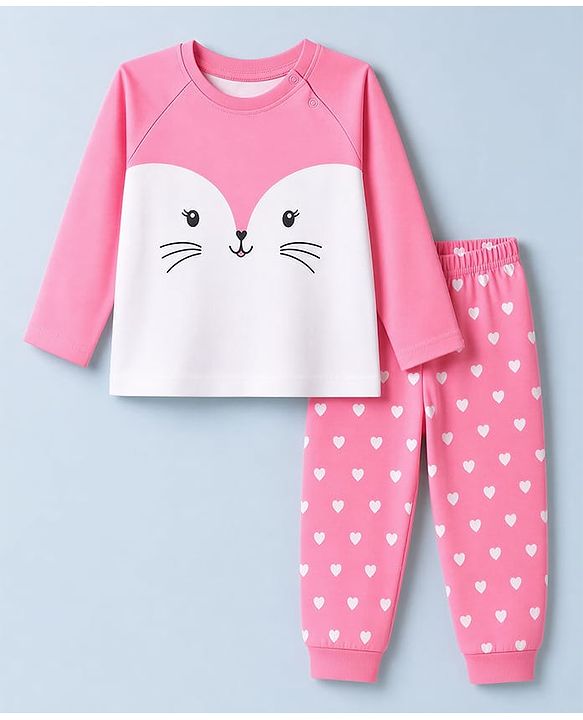 Babyhug 100% Cotton Knit Full Sleeves T-Shirt & Pyjama Night Suit with Cat & Heart Print - Pink