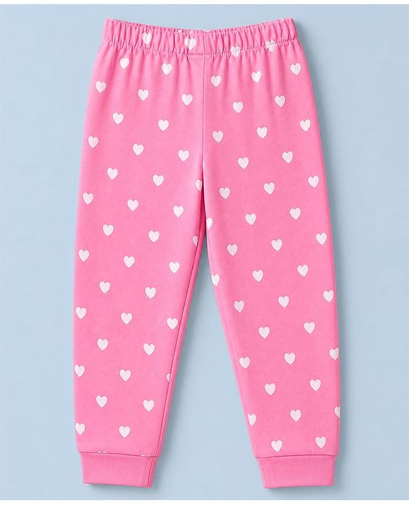 Babyhug 100% Cotton Knit Full Sleeves T-Shirt & Pyjama Night Suit with Cat & Heart Print - Pink