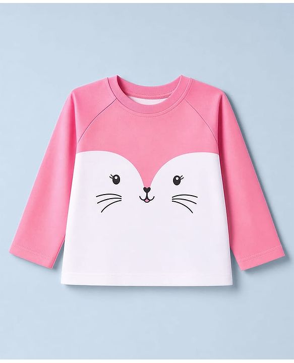 Babyhug 100% Cotton Knit Full Sleeves T-Shirt & Pyjama Night Suit with Cat & Heart Print - Pink
